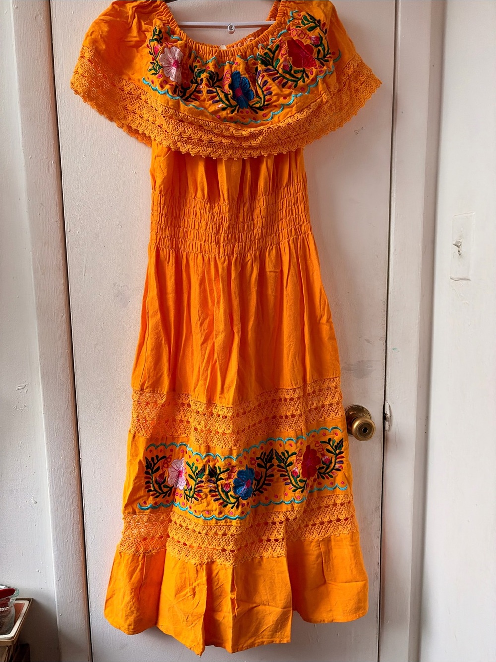 Hand-Embroidered Orange Off-Shoulder Casual Dress